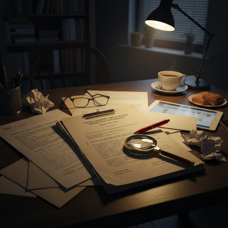 Prawnik i kredytobiorca wspólnie analizują klauzule umowy kredytu hipotecznego z 2014–2019 przed decyzją o pozwie