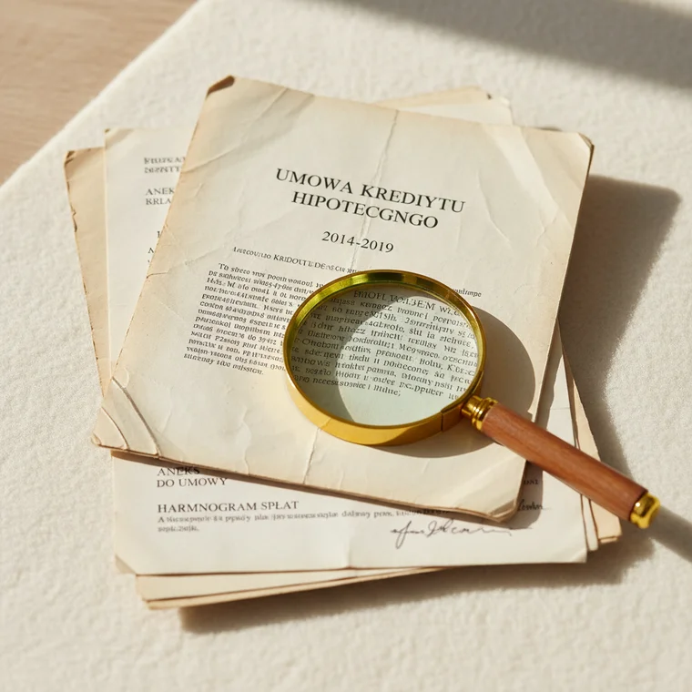 Osoba analizuje umowę kredytu hipotecznego z lat 2014–2019 przed pozwem, sprawdzając kluczowe zapisy i ryzyka finansowe