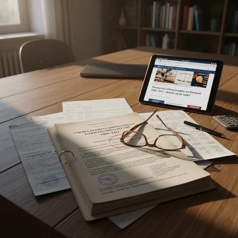 Prawnik analizujący umowę kredytu CHF z klientem, omawia unieważnienie umowy kredytu we frankach 2006–2011 i możliwe korzyści finansowe