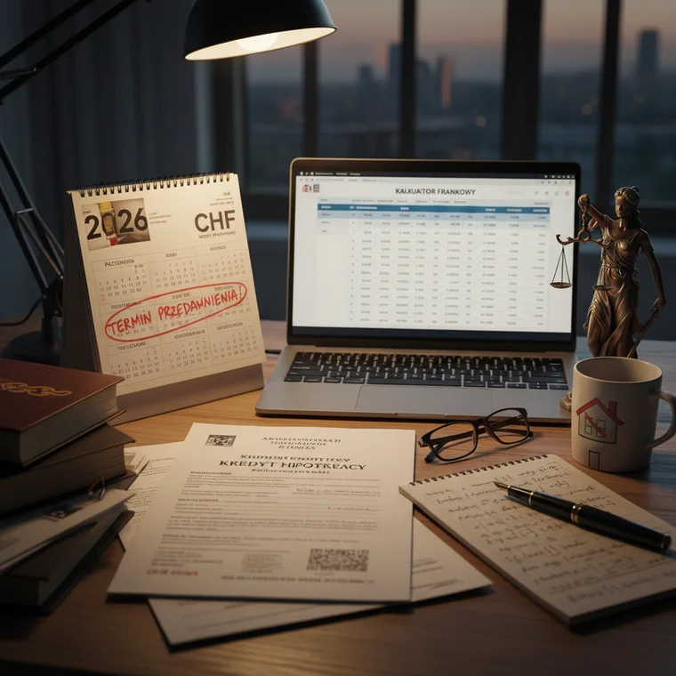 Prawnik i kredytobiorca przeliczają na laptopie roszczenie o zwrot nadpłaconych rat kredytu CHF, analizując dane przed przedawnieniem w 2026 roku