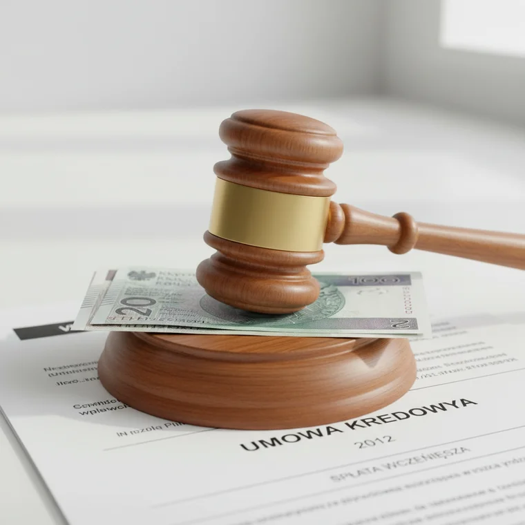 Osoba analizuje umowę kredytu gotówkowego i wylicza zwrot prowizji za wcześniejszą spłatę kredytu po 2011 roku przy biurku