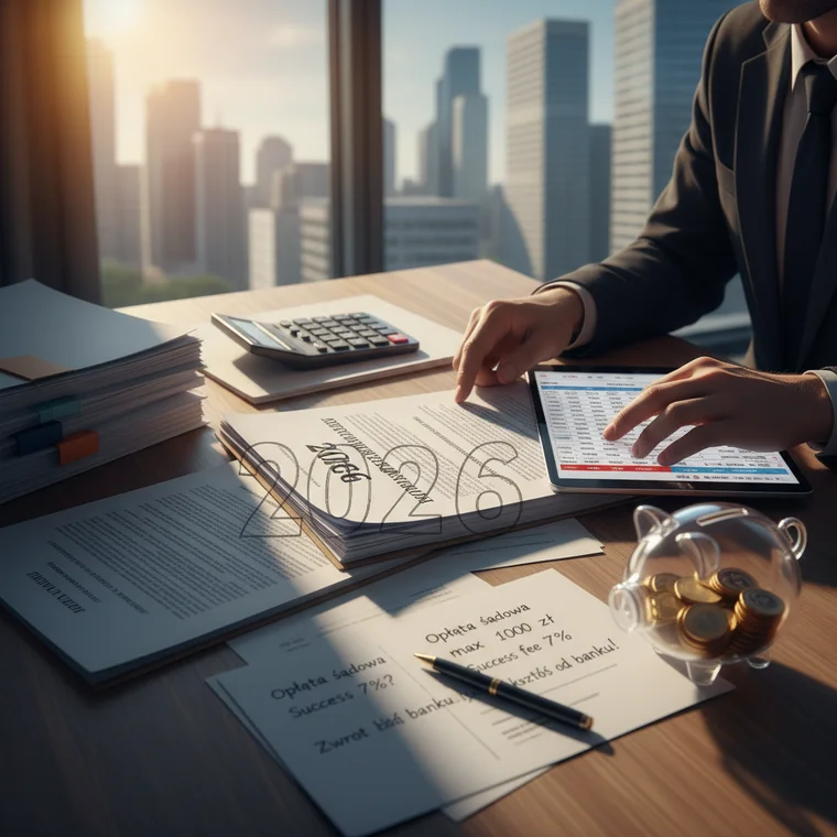 Prawnik omawia z klientem koszty procesu o unieważnienie kredytu hipotecznego, pokazując na wykresie widełki wydatków i możliwy zwrot kosztów po wygranej sprawie