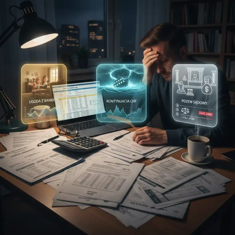 Prawnik i kredytobiorca omawiający pozew sądowy i ugodę przy kredycie CHF, z dokumentami, wykresami i kalkulatorem na biurku