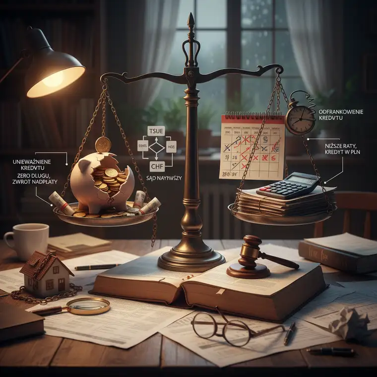 Prawnik wyjaśnia kredytobiorcy różnice między unieważnieniem a odfrankowieniem kredytu frankowego, analizując raty i umowę przy laptopie