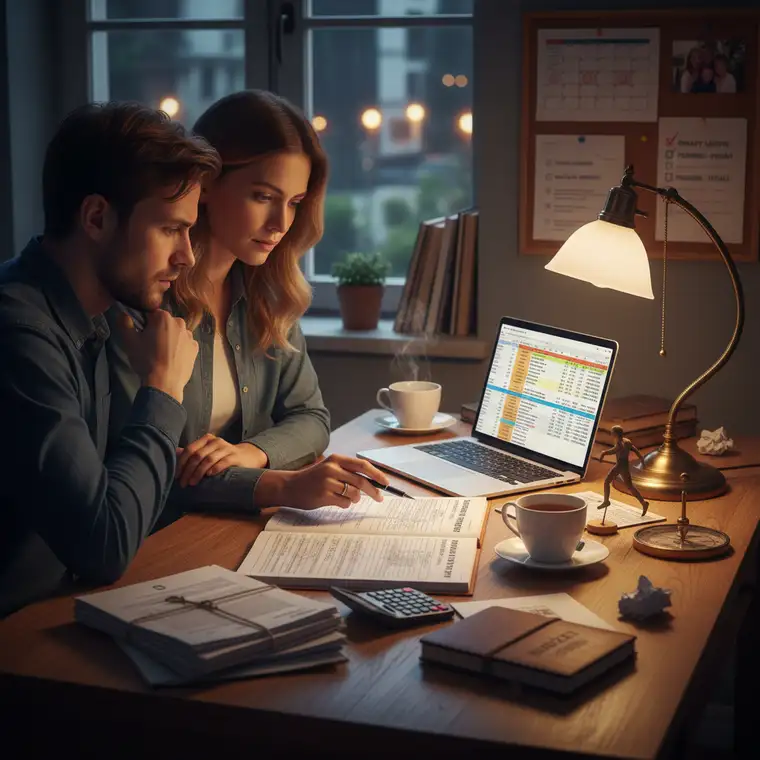 Rodzina omawiająca koszty kredytu frankowego i budowę funduszu bezpieczeństwa przy domowym biurku z dokumentami i kalkulatorem