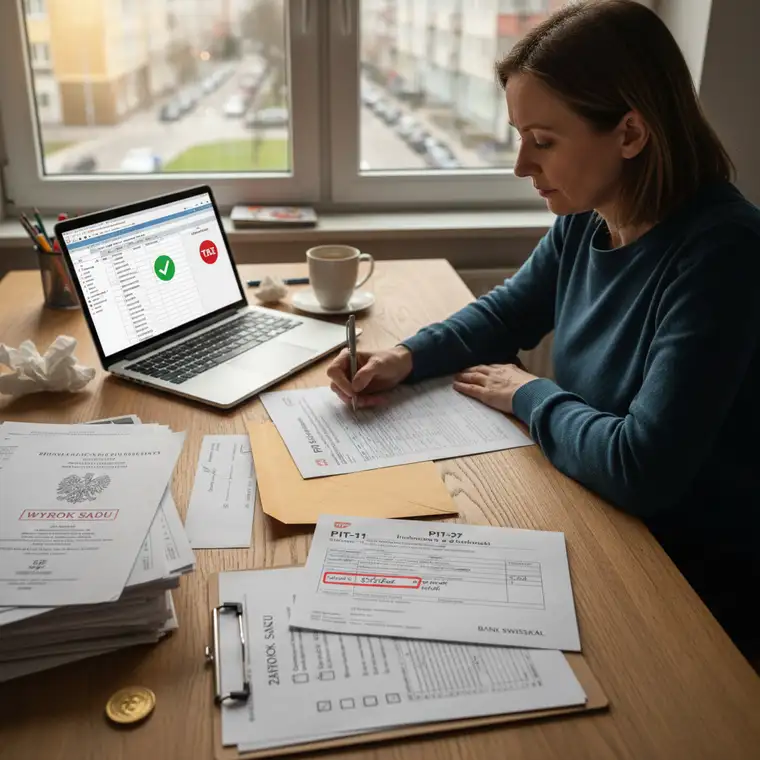 Prawnik omawia z klientem rozliczenie odsetek ustawowych i podatku po wygranej sprawie o kredyt frankowy w 2026 roku, nad tabelą PIT