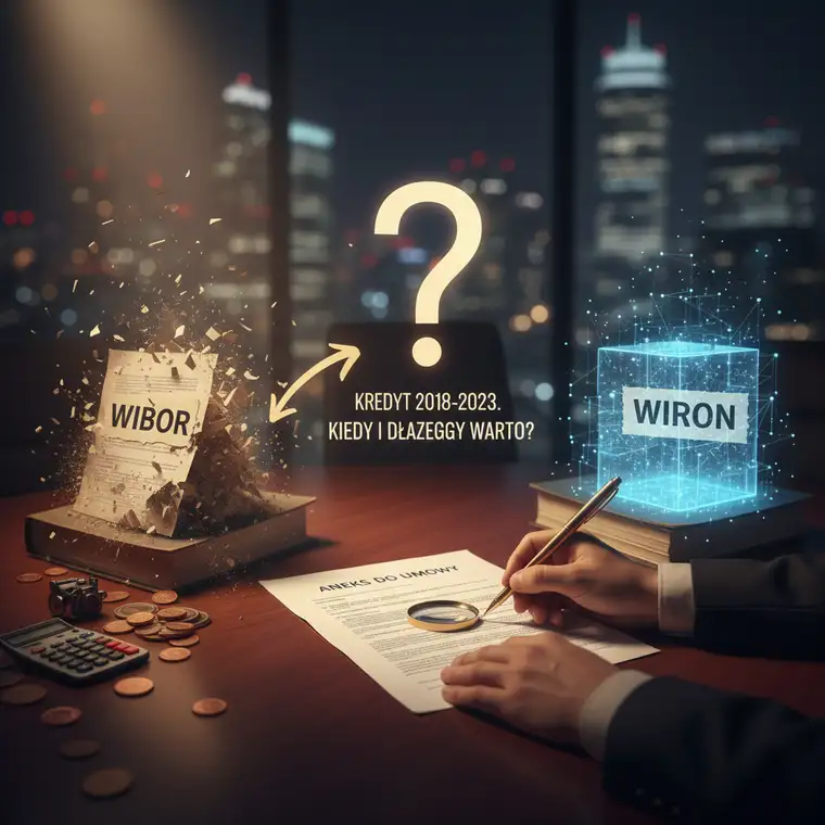 Kredytobiorca analizuje raty kredytu opartego na WIBOR i WIRON, z wykresem zmian wskaźników i potencjalnymi oszczędnościami po podpisaniu aneksu