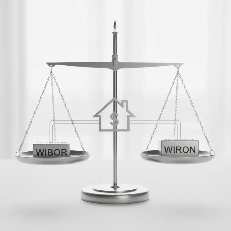 Schemat przejścia z WIBOR na WIRON w kredytach z lat 2018–2023, kredytobiorca analizuje umowę i aneks w kontekście zmiany wskaźnika referencyjnego