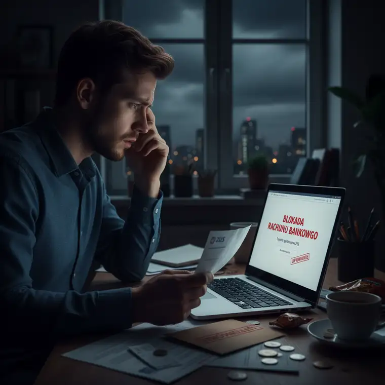 Przedsiębiorca analizuje zajęcie konta przez ZUS na laptopie, obok notatnik z kwotą wolną od zajęcia i rozróżnieniem konta firmowego oraz prywatnego