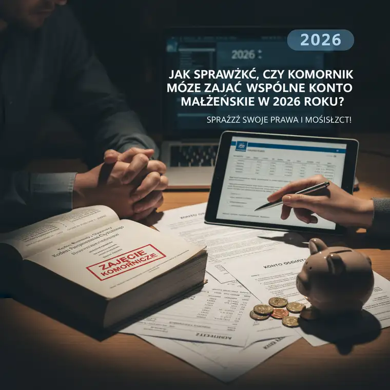 Para analizująca długi i ryzyko zajęcia wspólnego konta małżeńskiego przez komornika w 2026 roku przy komputerze i dokumentach finansowych