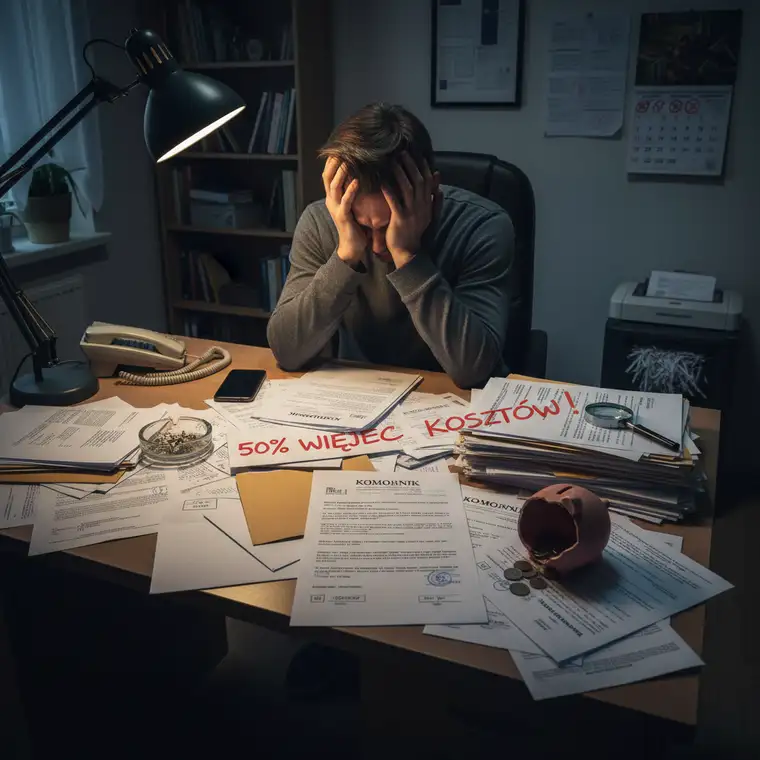 Notatki, kalendarz i korespondencja z komornikiem na biurku, symbolizujące planowanie, terminy i unikanie błędów zwiększających koszty egzekucji