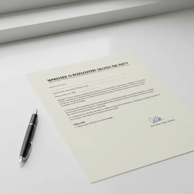 Osoba wypełniająca wniosek o rozłożenie długu na raty u komornika przy biurku, obok dokumentów i kalkulatora, przygotowuje plan spłaty zadłużenia