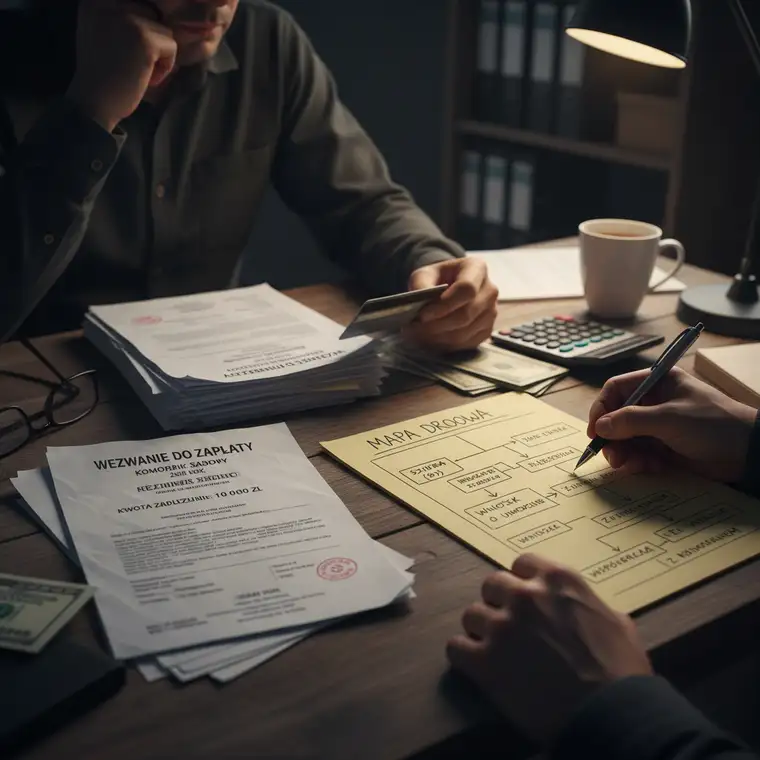 Mężczyzna negocjuje z komornikiem plan spłaty, analizując jak obniżyć koszty komornicze przy długu do 10 000 zł w 2026 roku