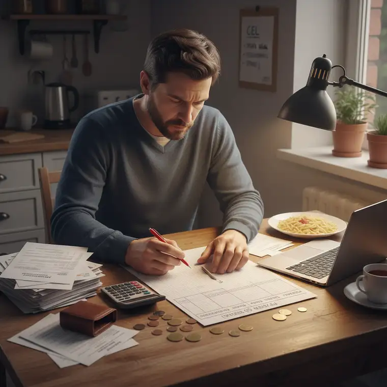 Małżeństwo analizuje wydatki domowe na stole, liczy koszty i tworzy listę wydatków, aby poukładać budżet przy zajęciu wynagrodzenia