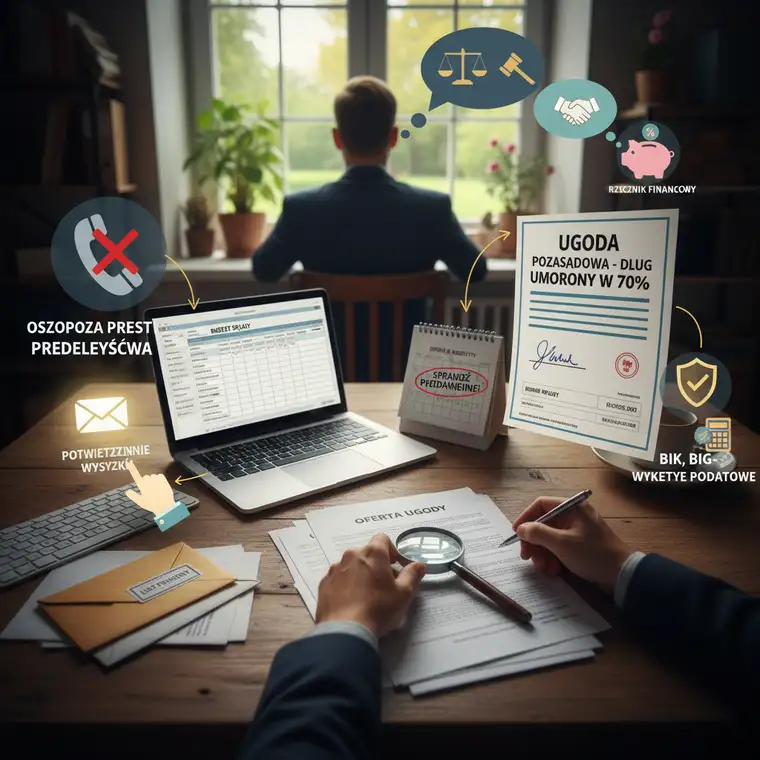 Podpisywanie pisemnej ugody z firmą windykacyjną, dokument określający warunki umorzenia części długu i zakończenia spłaty