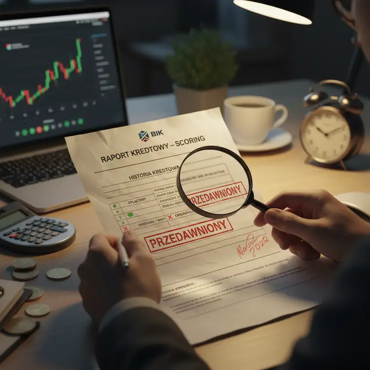 Doradca finansowy omawia z klientem raport BIK i konsekwencje spłaty przedawnionego długu dla zdolności kredytowej