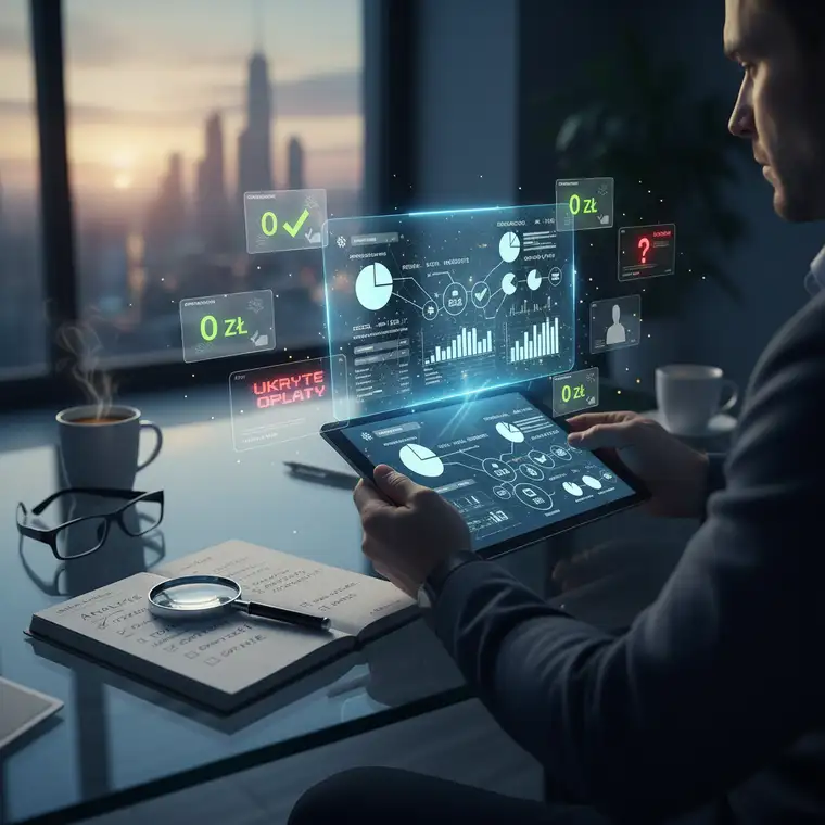 Właściciel jednoosobowej działalności przegląda tabelę opłat konta firmowego, analizując przelewy, kartę i dodatkowe usługi