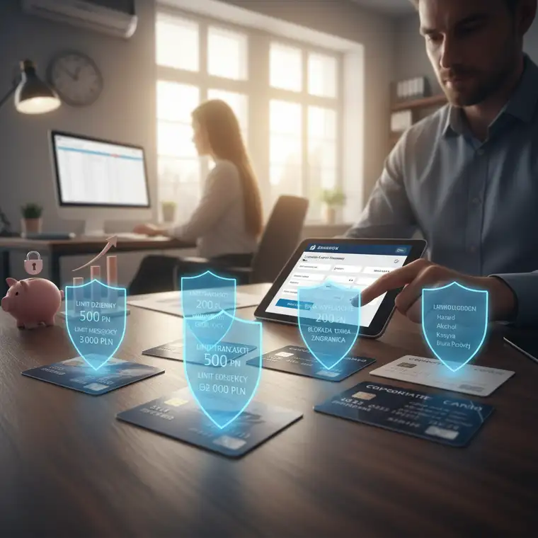 Właściciel firmy ustala limity karty służbowej w aplikacji bankowej, analizując kategorie wydatków i bezpieczeństwo transakcji
