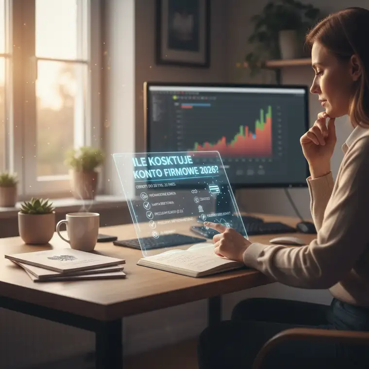 Właściciel małej firmy analizujący na ekranie smartfona opłaty za przelewy firmowe, porównujący koszty ELIXIR, ZUS, US i przelewów natychmiastowych