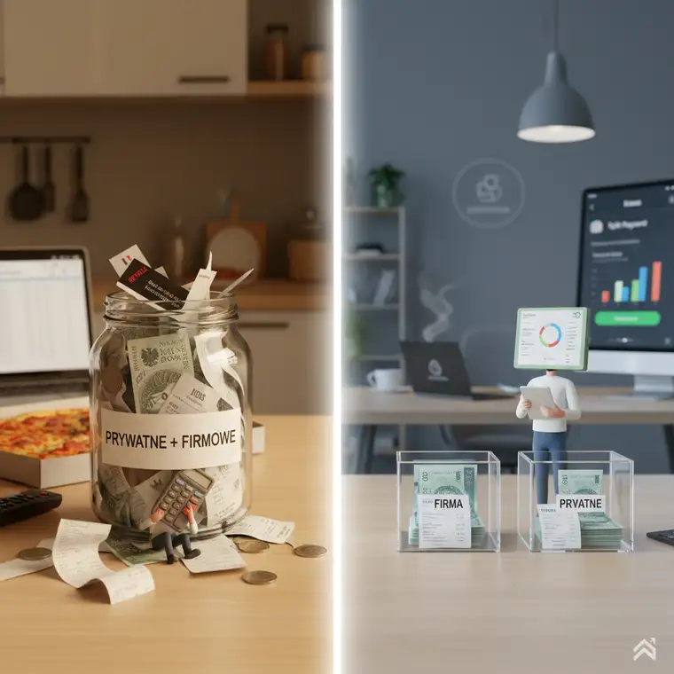 Księgowa analizuje operacje na koncie firmowym przedsiębiorcy, pokazując korzyści z rozdzielenia konta prywatnego i firmowego przy dochodach poniżej 8 tys. netto