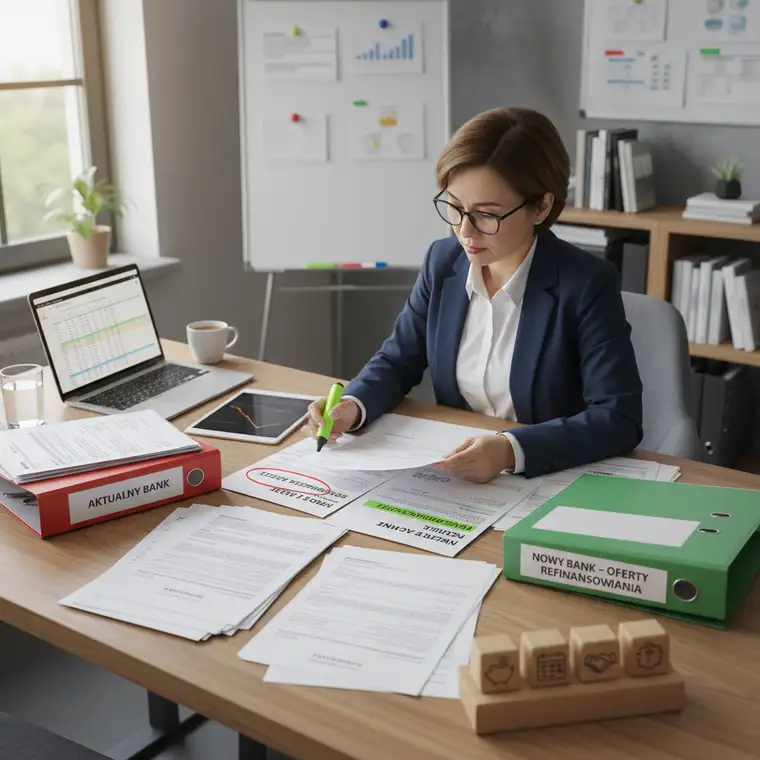 Zespół finansowy firmy omawia refinansowanie kredytu firmowego i przeniesienie go do nowego banku, analizując koszty i wpływ na płynność