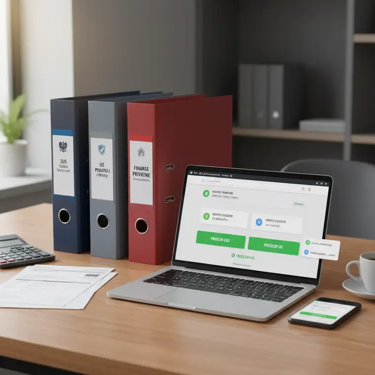 Księgowa analizuje wyciągi bankowe z osobnego konta firmowego używanego do przelewów ZUS i US, co ułatwia przejrzyste rozliczenia
