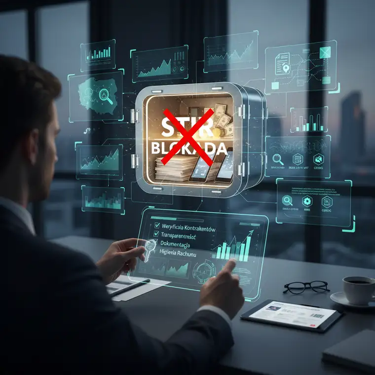 Zespół księgowy firmy usługowej porządkuje dokumenty i umowy, aby zwiększyć transparentność i chronić konto przed blokadą STIR