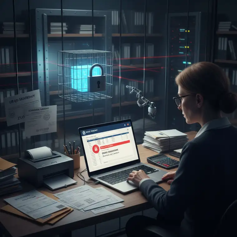 Właściciel firmy analizuje różnice między rachunkiem technicznym a ROR firmowym, patrząc na wykres blokad środków w banku