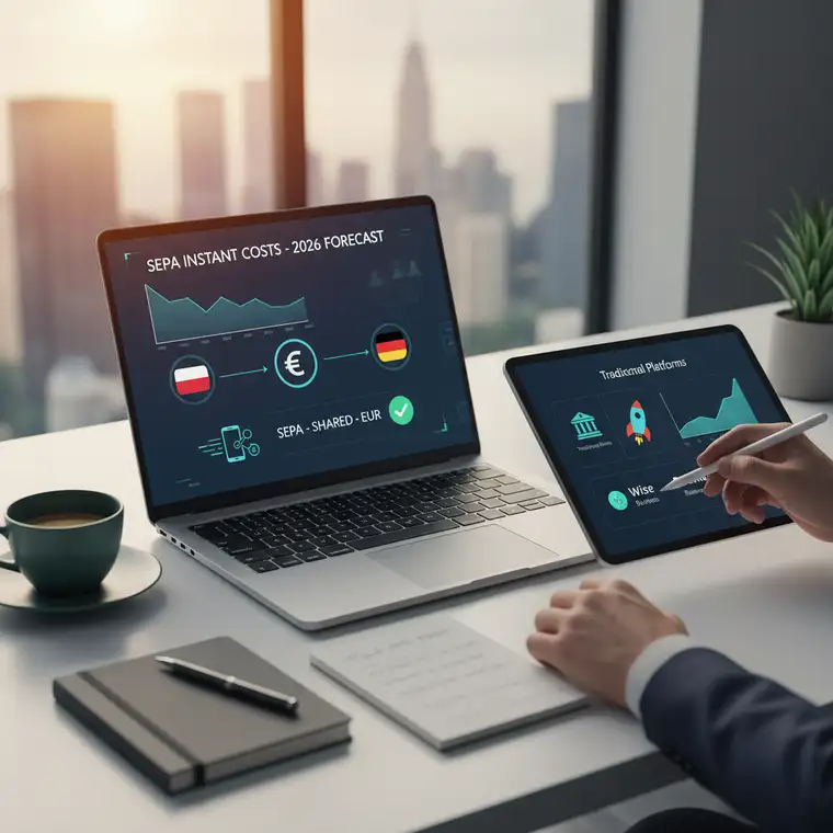 Właściciel firmy porównuje koszty przelewów SEPA i SWIFT do Niemiec w 2026 roku na laptopie i smartfonie