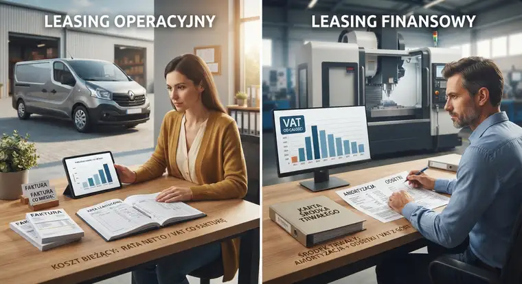 Leasing operacyjny czy finansowy w praktyce małej firmy, na zdjęciu księgowa analizuje umowę leasingu maszyny i wylicza koszty podatkowe