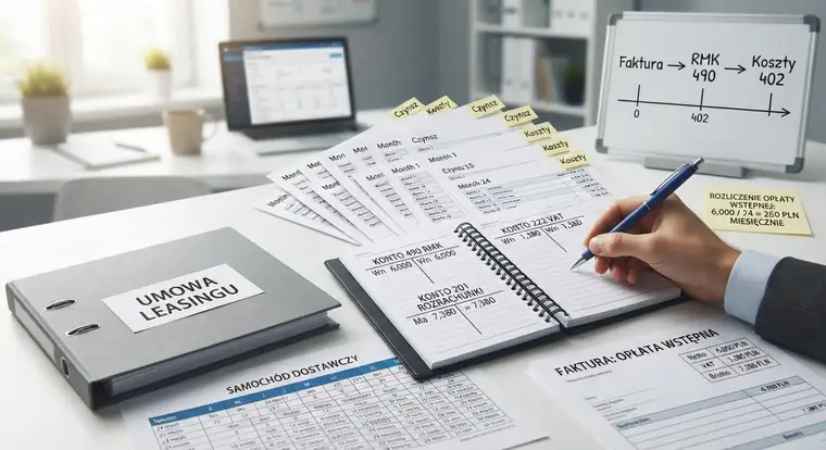 Schemat księgowania leasingu operacyjnego z kontami 402, 490, 201 i 222 - wizualizacja przykładu rozliczenia opłaty wstępnej i czynszu